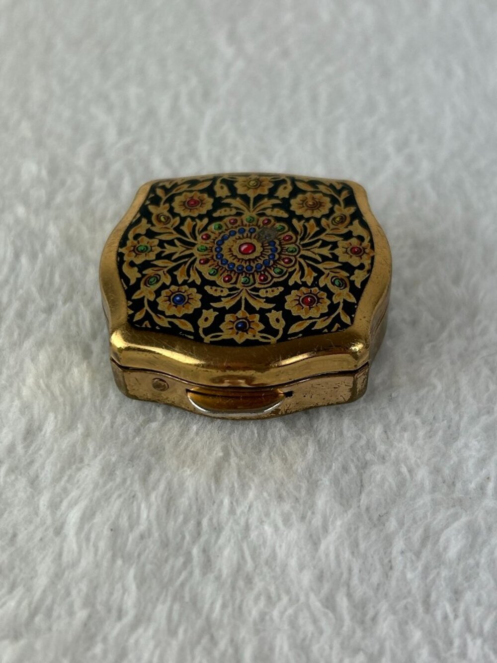 Vintage Stratton Enamel Pill Box Made In Black with Multi color Flowers